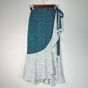 NWOT BCBGENERATION Dot Print Wrap Midi Skirt Beaded‎ Tassel Tie Flounce Hem XXS